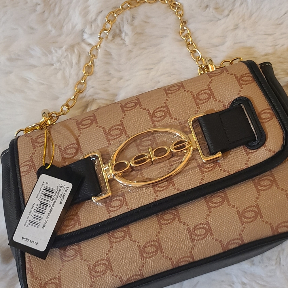 Bebe Tan and Black Shoulder Bag with Gold Accents